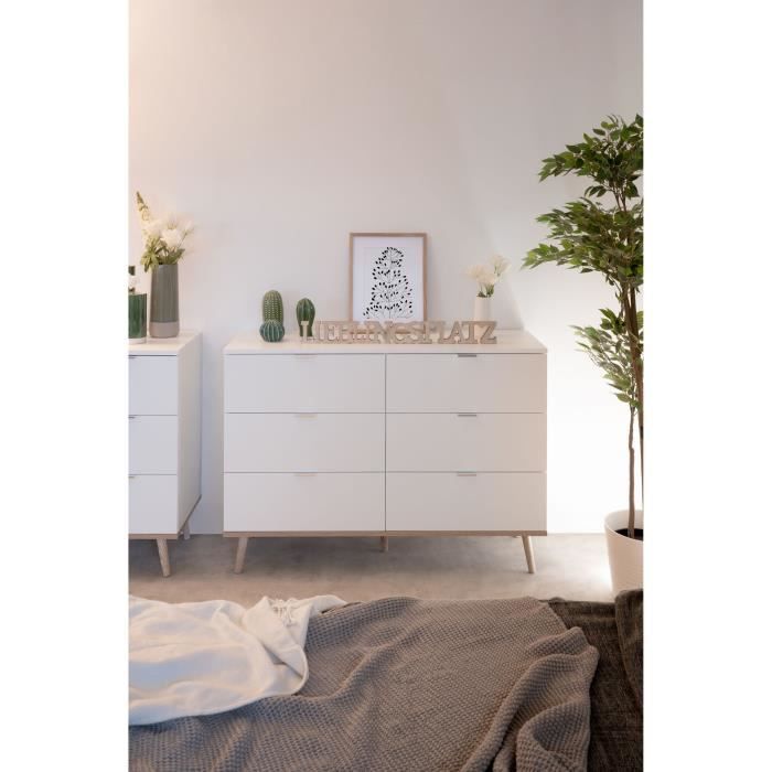 Commode Göteborg 6 tiroirs - Décor chene sonoma Blanc - L 120 x P 40 x H 86,5 cm - 2