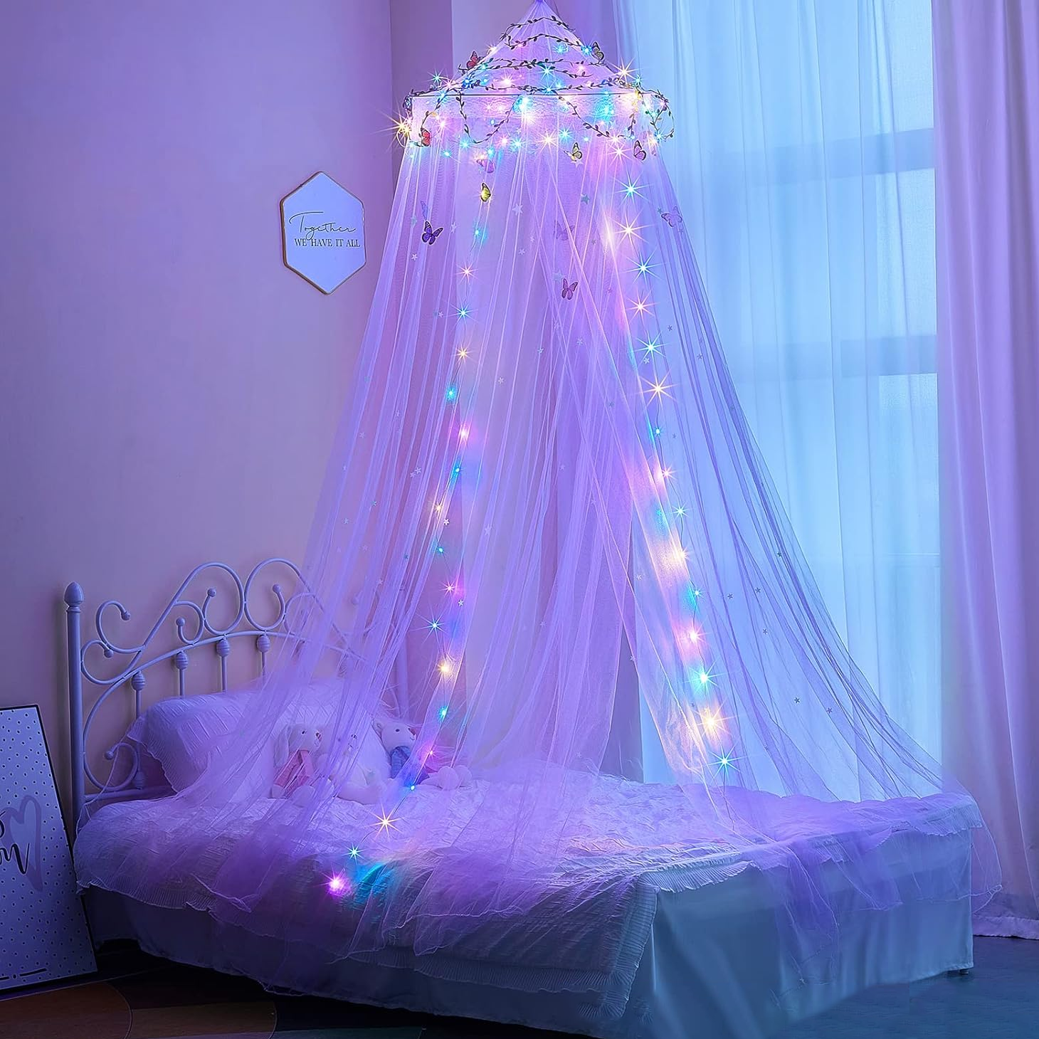 Baldachim z oświetleniem LED i dekoracjami, Moskitiera, Zasłona przeciw komarom, Moskitiera na łóżko o szerokości 150 cm, Fioletowy
