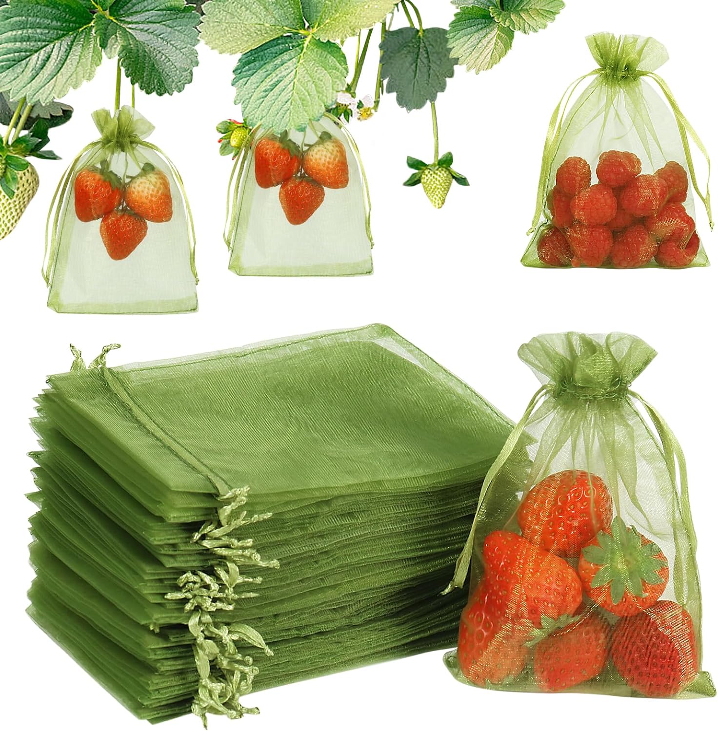 ANZNKU 100 Sacchetti Proteggi Frutta In Rete, 20x30 Cm, Riutilizzabili Con Coulisse – Barriera Antiparassiti Per Alberi Da Frutto, Pomodori, Mango, Uva – Protezione Giardino - 5