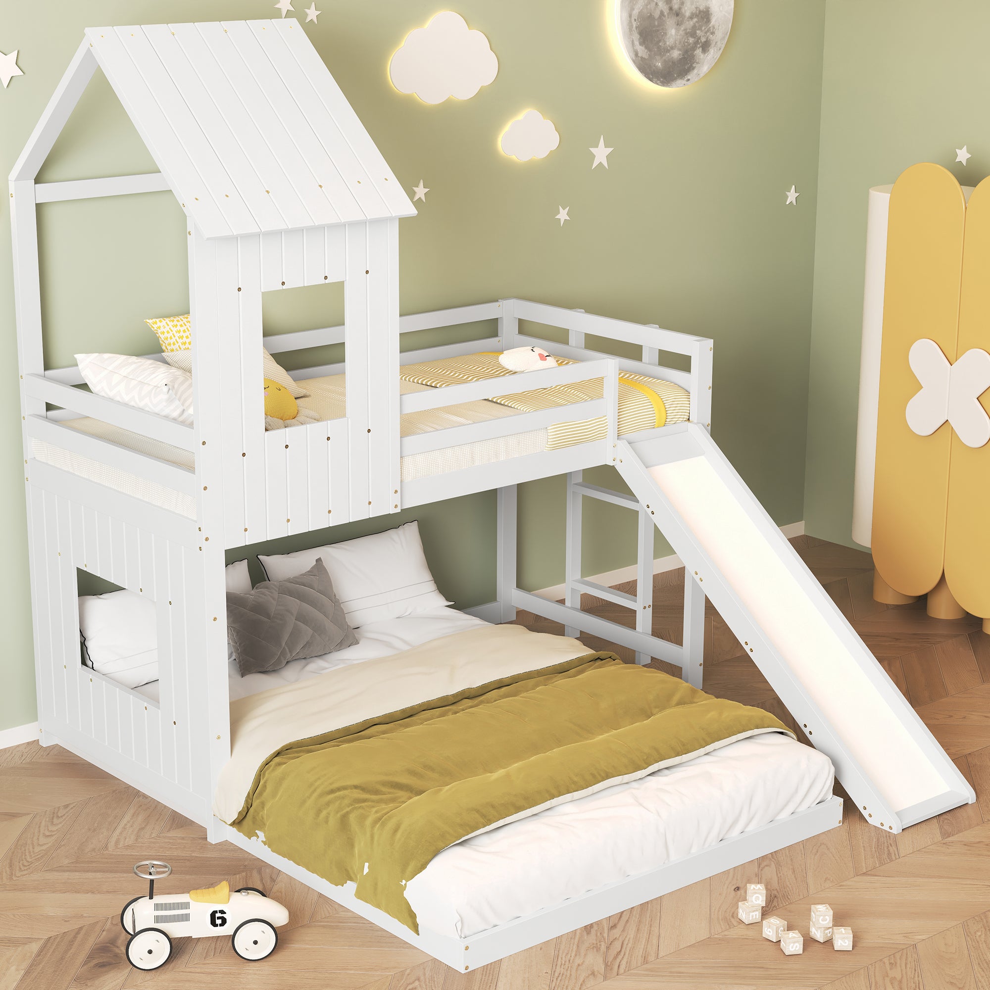 Lit superposé 140(90)x200 cm,3 places, lit maison avec Fenêtre, lit enfant avec toit et toboggan, 2 sommiers à lattes, pin + MDF, blanc - 2
