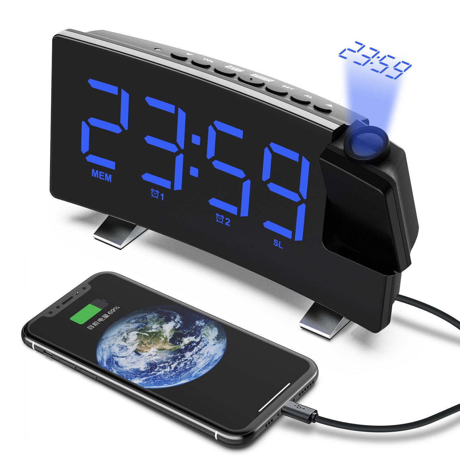 (Niebieski) radiobudzik projekcyjny, budzik sufitowy z projekcją 180°, cyfrowy zegar USB FM z dwoma alarmami, drzemką, timerem uśpienia, 12/24 godz.,