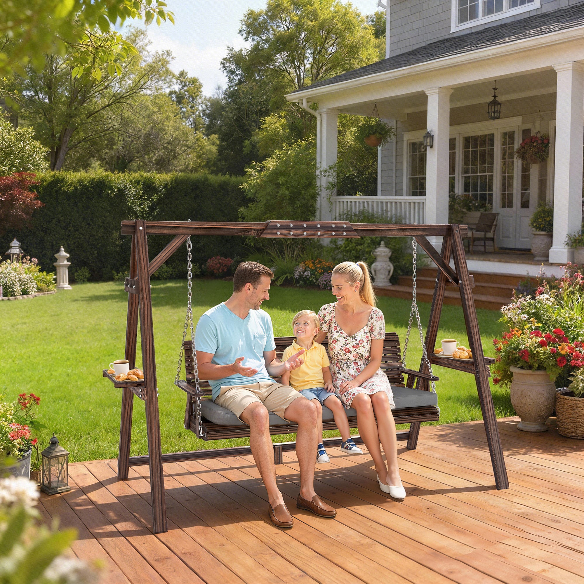 Swing hollywoodien balançoire jardin bois 3 places coussin assise étagères jusqu'à 330 kg calcinées - 3