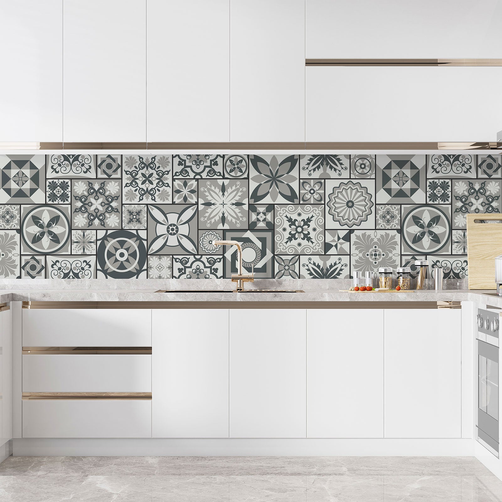 Crédence adhésive sticker décoratif pour cuisine - Effet carreaux de ciment - Adhésif BRILLANT - 60x180 cm - 3