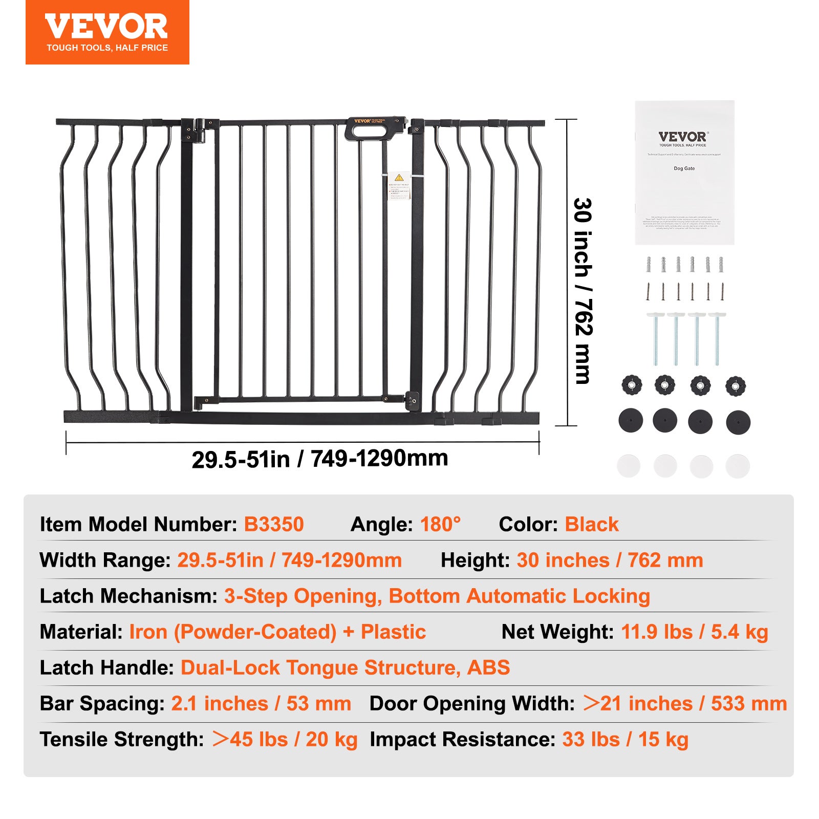 Barrière Sécurité Extensible VEVOR 75-135 cm Hauteur de 76 cm Barrière d'Escalier à Fermeture Automatique sans Perçage Grande Ouverture 533 mm - 7