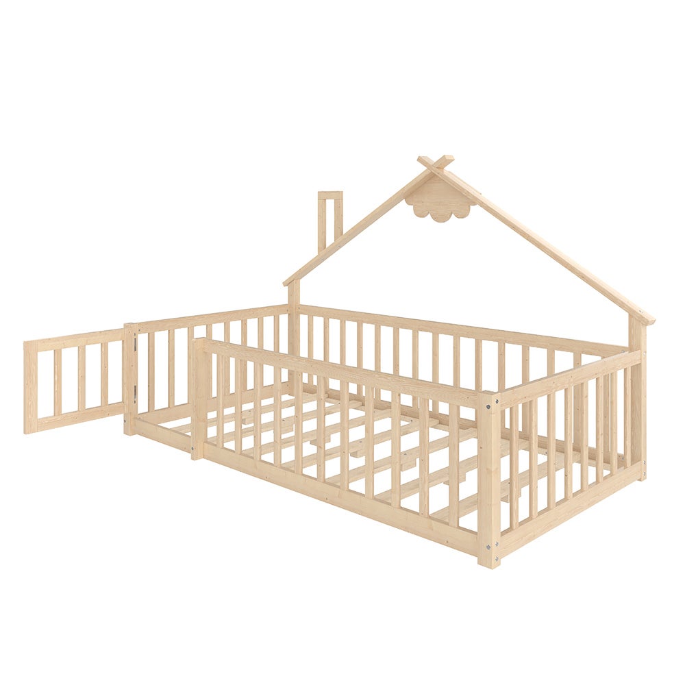 Lit cabane lit enfant 90x190 cm bordure barrière avec serrure bois de pin naturel - 3
