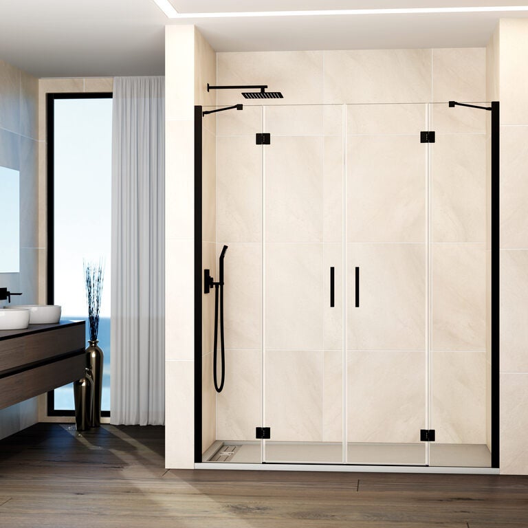 Paravan frontal GLASS 2 panouri fixe + 2 uși batante 162.5 cm (159,5-165,5; 20+65+65+20) negru sticlă transparentă
