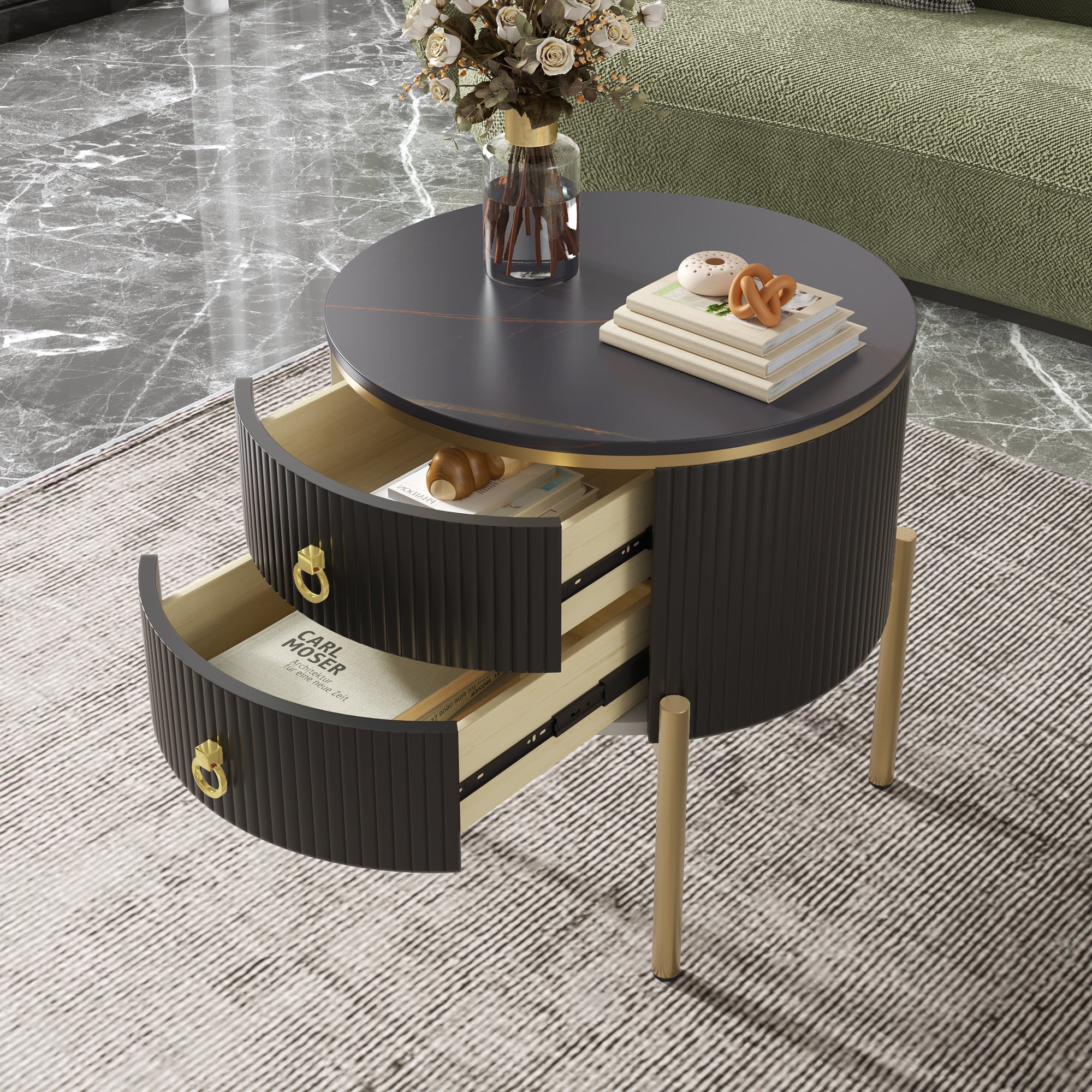 Table basse ronde avec 2 tiroirs - 50x50x51cm - bois MDF - pieds et ...