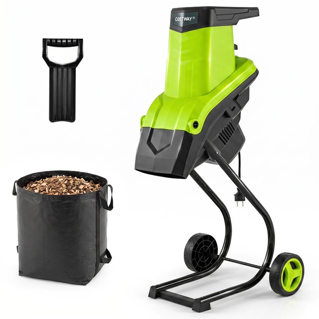 Broyeur Vegetaux Électrique 2500W avec Sac de Ramassage 50L et Poussoir, Déchiqueteuse Coupe de Bois 44mm sur Roues avec Lames Double Tranchant, Vert