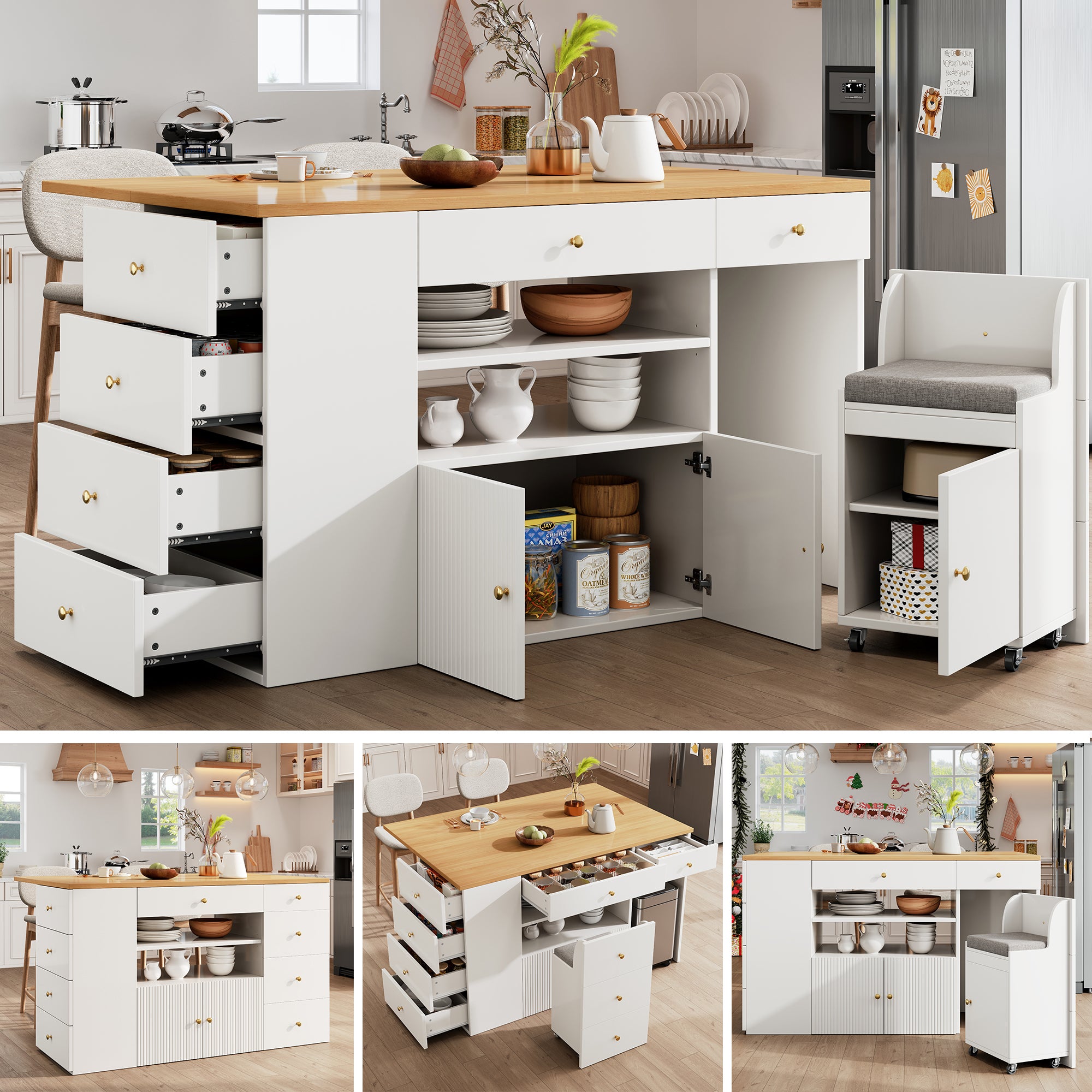 Mobilna wyspa kuchenna z rozkładanym stołem - hokery barowe, 6 szuflad i 2 drzwi - 140 x 40/70 x 89 cm - MDF - biała