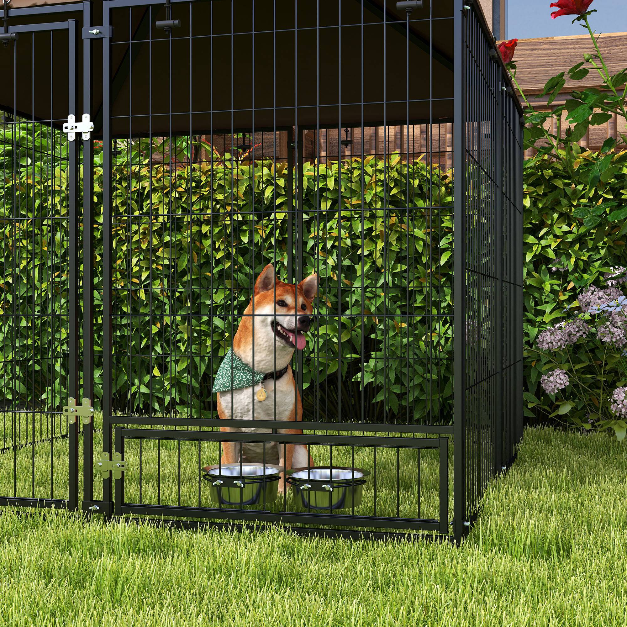 Chenil extérieur pour chiens - PawHut - support gamelle toit résistant intempéries espace spacieux - métal - 141x141x151cm - noir - 9