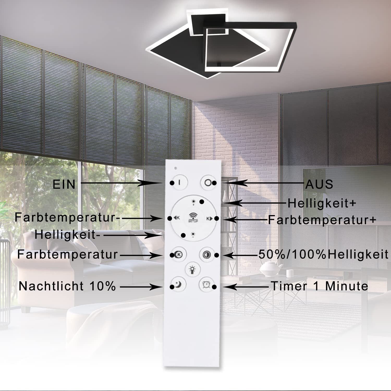 NETTLIFE Czarna lampa sufitowa LED ściemnialna 50W Nowoczesna lampa do salonu z pilotem Metal do jadalni, kuchni, sypialni - 7