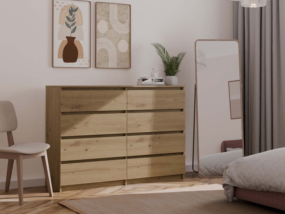 MILAN - Commode large 8 tiroirs chambre salon - 97x138x40 - Design minimaliste - Meuble de rangement - Aspect bois - Chêne - 7