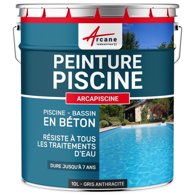 PEINTURE PISCINE BÉTON - 12 Couleurs - HAUTE RESISTANCE 7 ans - ARCAPISCINE Gris Anthracite - RAL 7016 - 10 L - ARCANE INDUSTRIES
