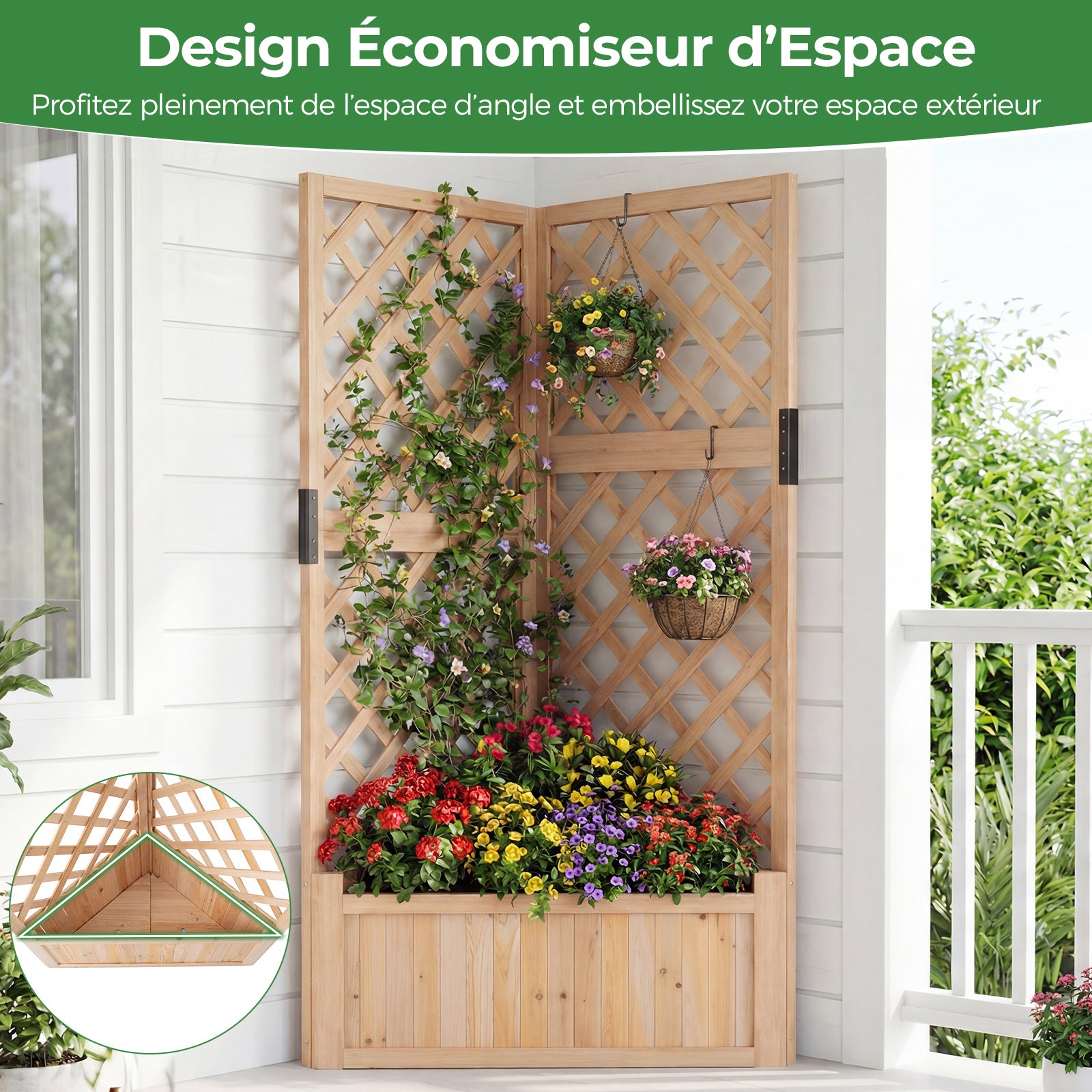 Jardinière Surélevée d'Angle avec Treillis, Trous de Drainage, Jardinière en Bois de Sapin de 140 cm de Haut pour Plantes Grimpantes, Légumes, Fleurs - 6