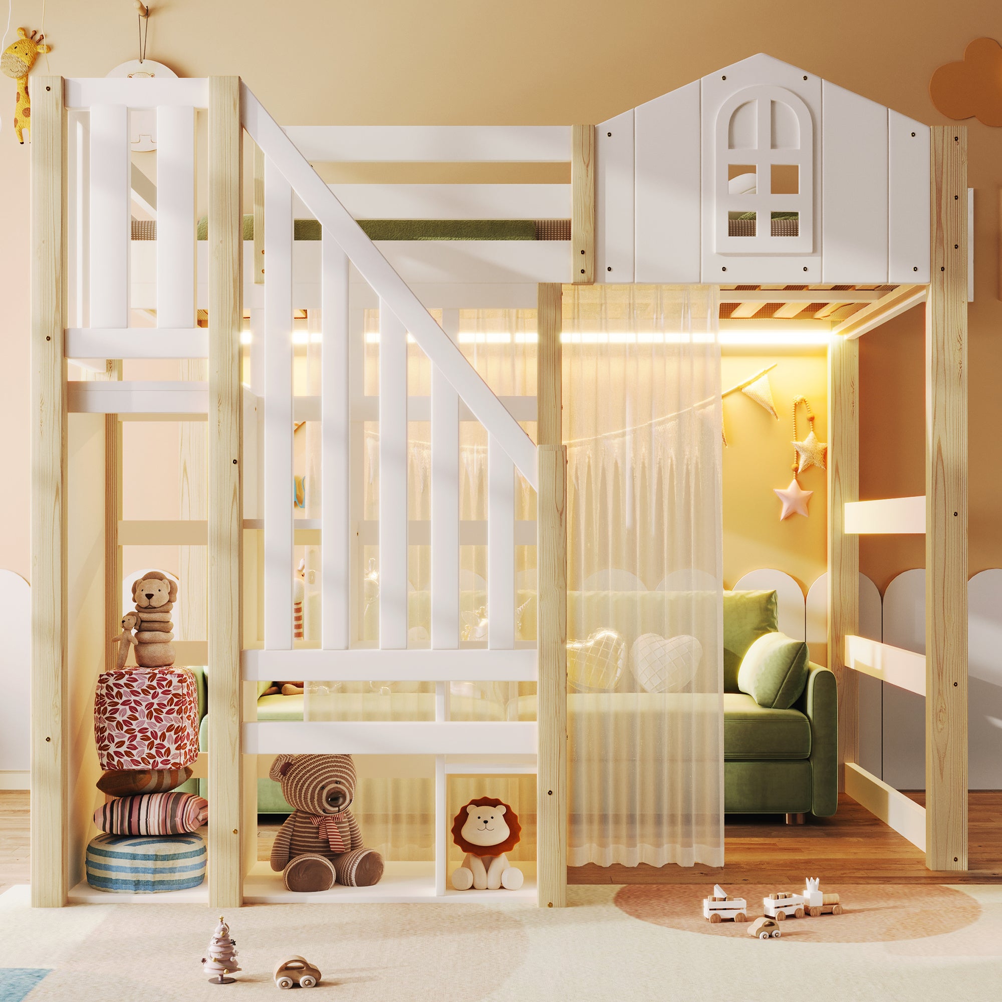 Lit superposé château 140x200 cm avec LED, lit mezzanine bois avec escalier de rangement, espace bureau modulable et voilage, Blanc - 4