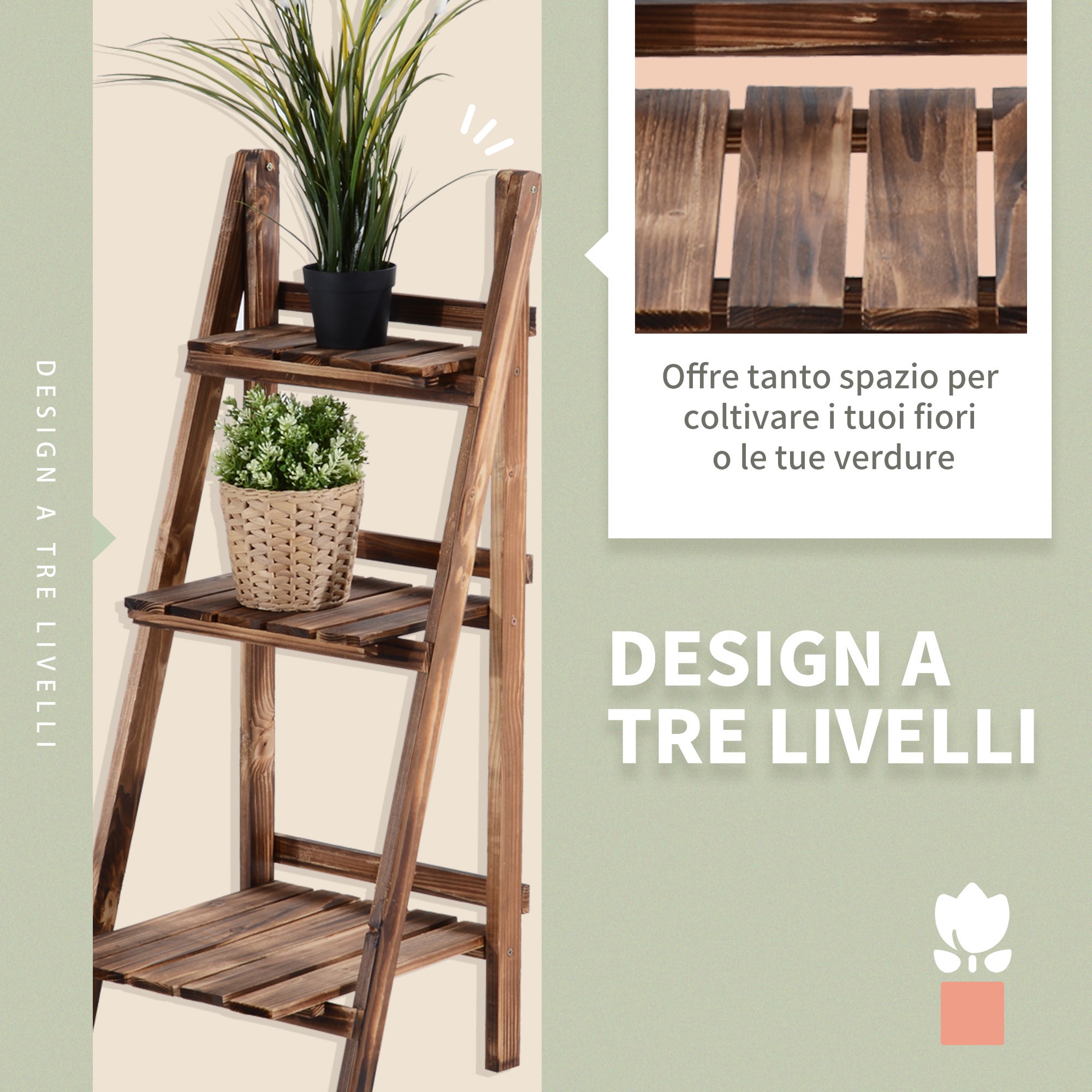 Support pliable en bois pour pots de fleurs, étagère de rangement à 3 niveaux pour jardinières, support pour herbes aromatiques (80L x 37l x 93H cm) - 7