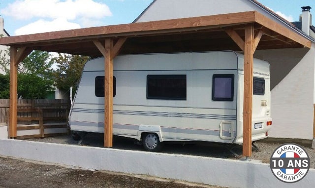Carport Bois Douglas Français 35 m² – Toit plat adossé – 3 poteaux – Abri camping car extérieur – Garantie 10 ans
