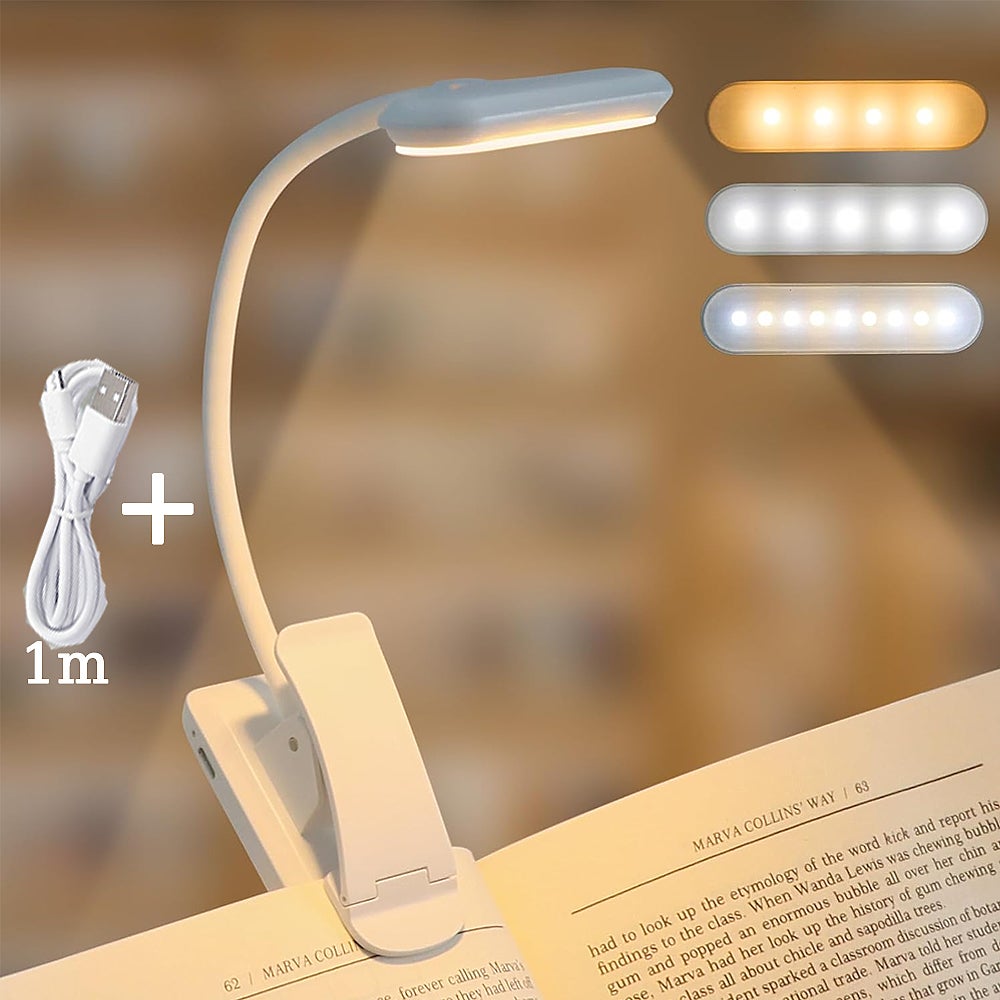 Biała, mocowana na klipsie lampa do czytania, ładowana przez USB, 3 tryby ochrony oczu (biały/zimny/mieszany), płynna regulacja przyciemniania, giętk