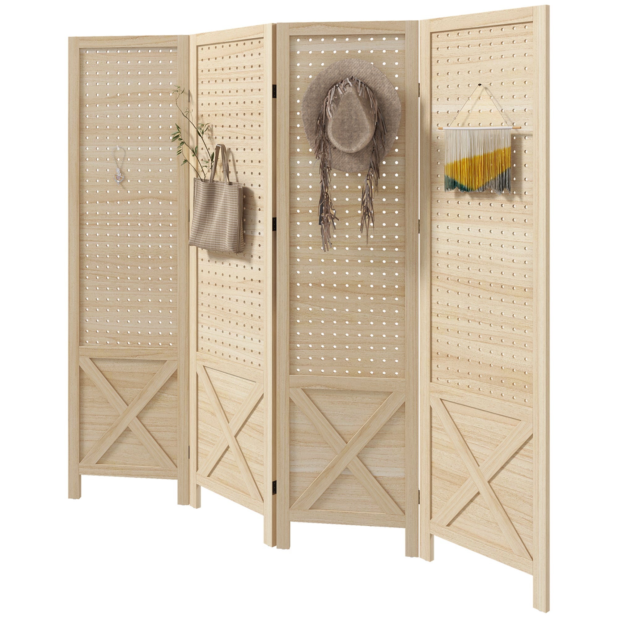 Paravent intérieur en bois 4 panneaux séparateur de pièce pliable panneau perforé 152x1,7x144,5cm bois naturel - 2