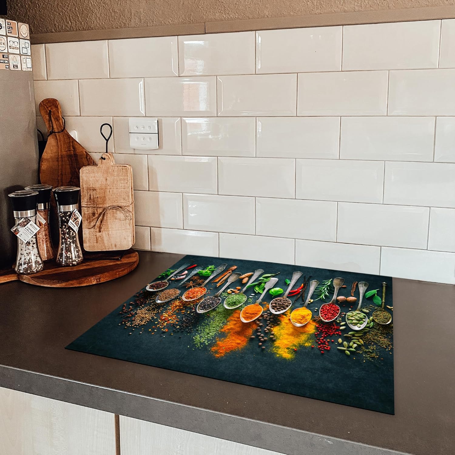 Protector de vitrocerámica, decoración de cocina, tapete protector, inducción, 40 x 60 cm, hierbas, especias y cucharas. - 5