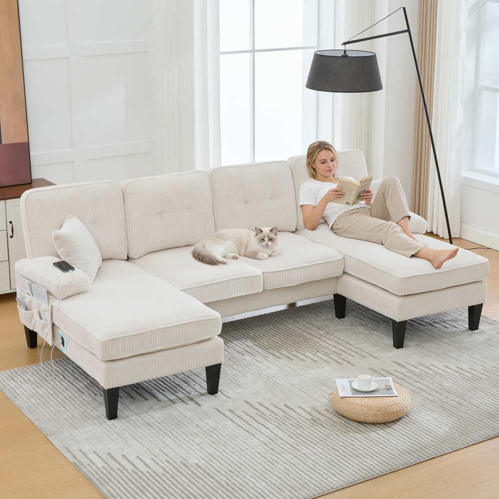 Sofa 4-osobowa w kształcie litery U z podwójnym szezlongiem w kolorze sztruksowym, wygodne siedzisko, nowoczesne oparcie, kolor beżowy