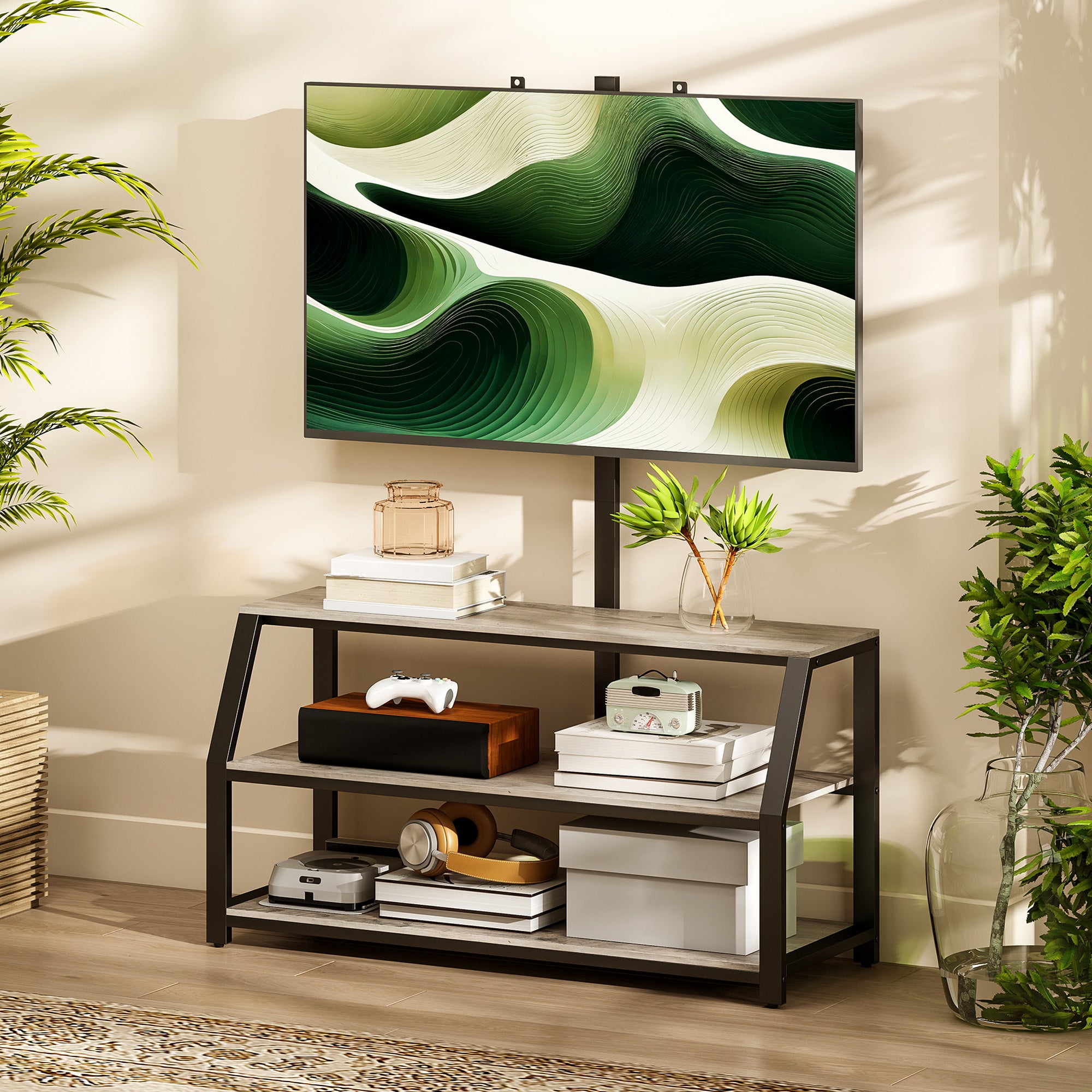 Meuble tv avec support pour téléviseurs jusqu'à 72 pouces meuble télé avec 2 étagères ouvertes gris 110x43x150cm finition de qualité - 4