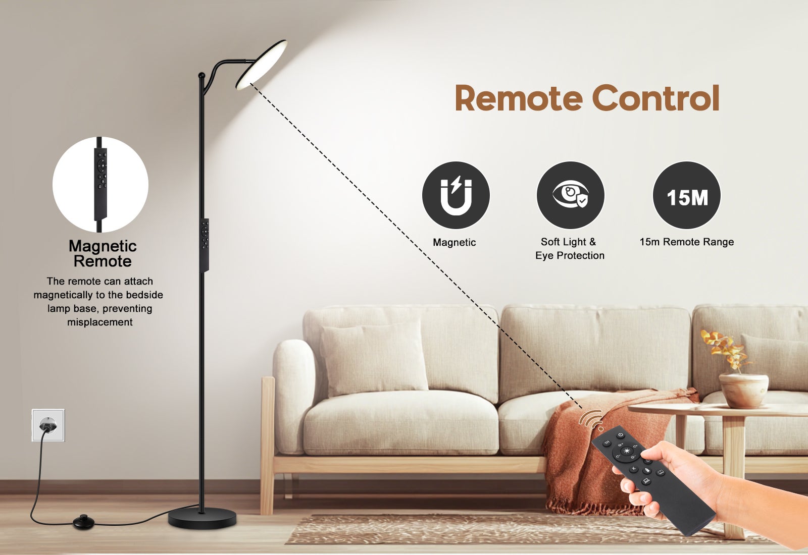 LOVHAUS Lampe sur Pied LED à Intensité Réglable - Lampe de Lecture Noire 32W avec Télécommande (2700K-6500K) pour Chambre à Coucher, Bureau - 6