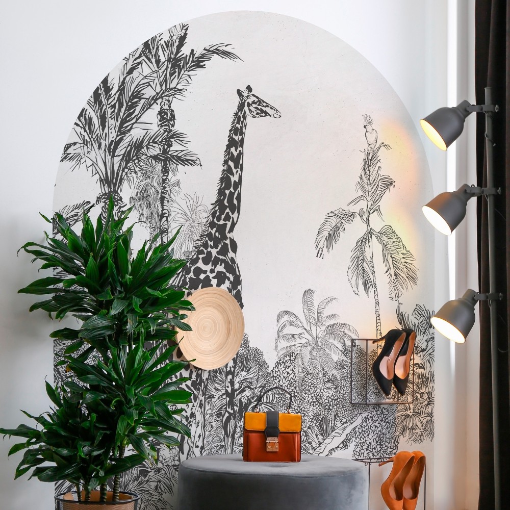 Arco decorativo de facil instalación, autoadhesivo con vinilo removible y tintas eco mod. jungle life jiraffe carbon 130x170cm