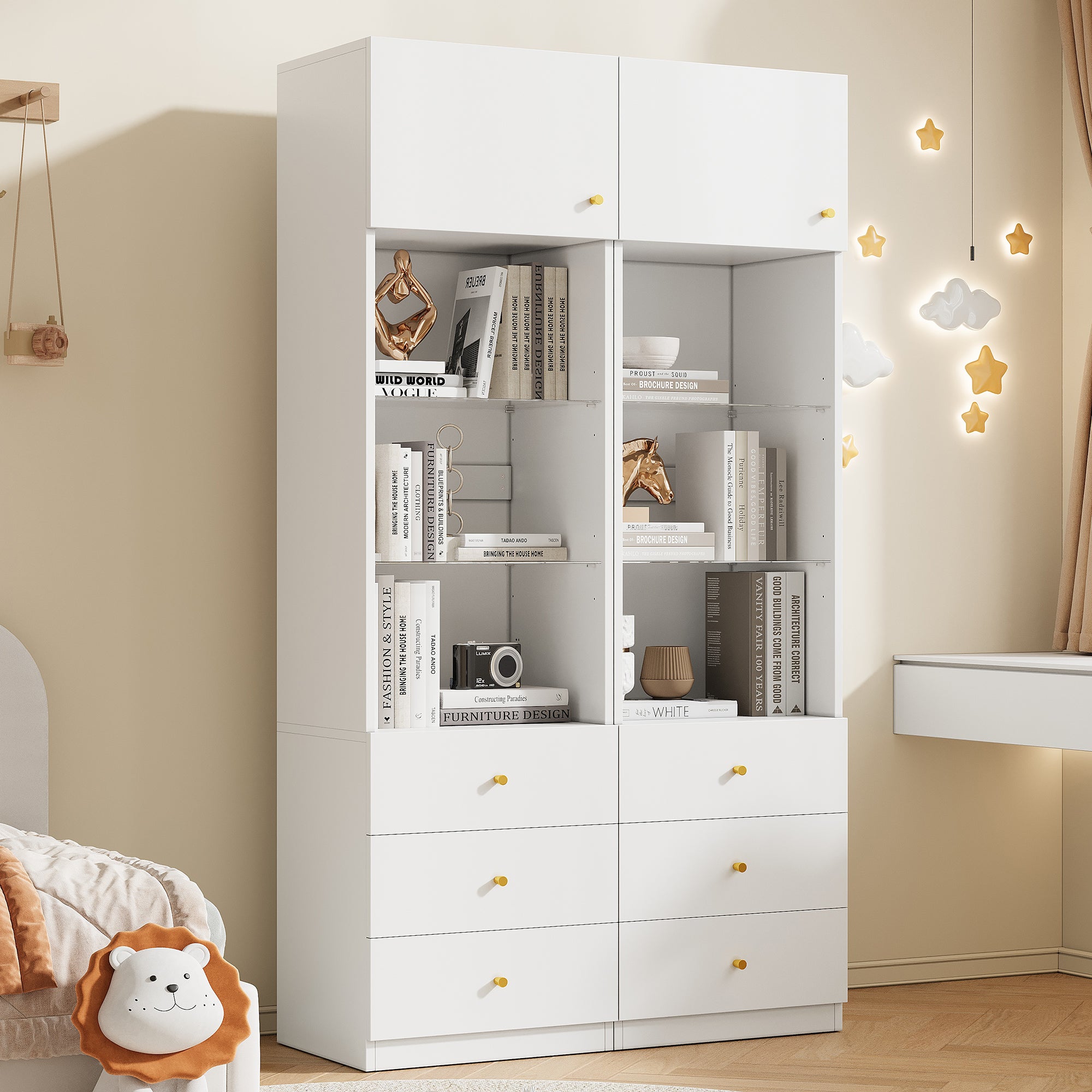 Witryna z 1 drzwiami, 3 szufladami i 3 półkami - 100 x 40 x 180 cm - Płyta MDF i szkło - Nóżki antypoślizgowe - Kolor biały - Minimalistyczny design