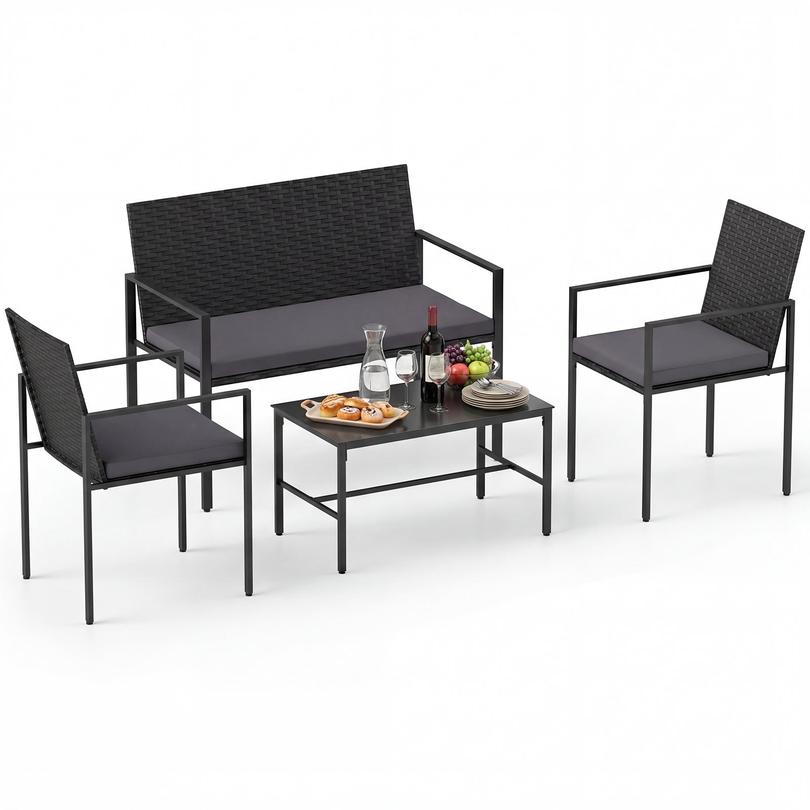 Set de mobilier de grădină din 4 piese, fotolii și canapea din ratan pentru exterior, măsuță cafea sticlă securizată, moi scaune, gri
