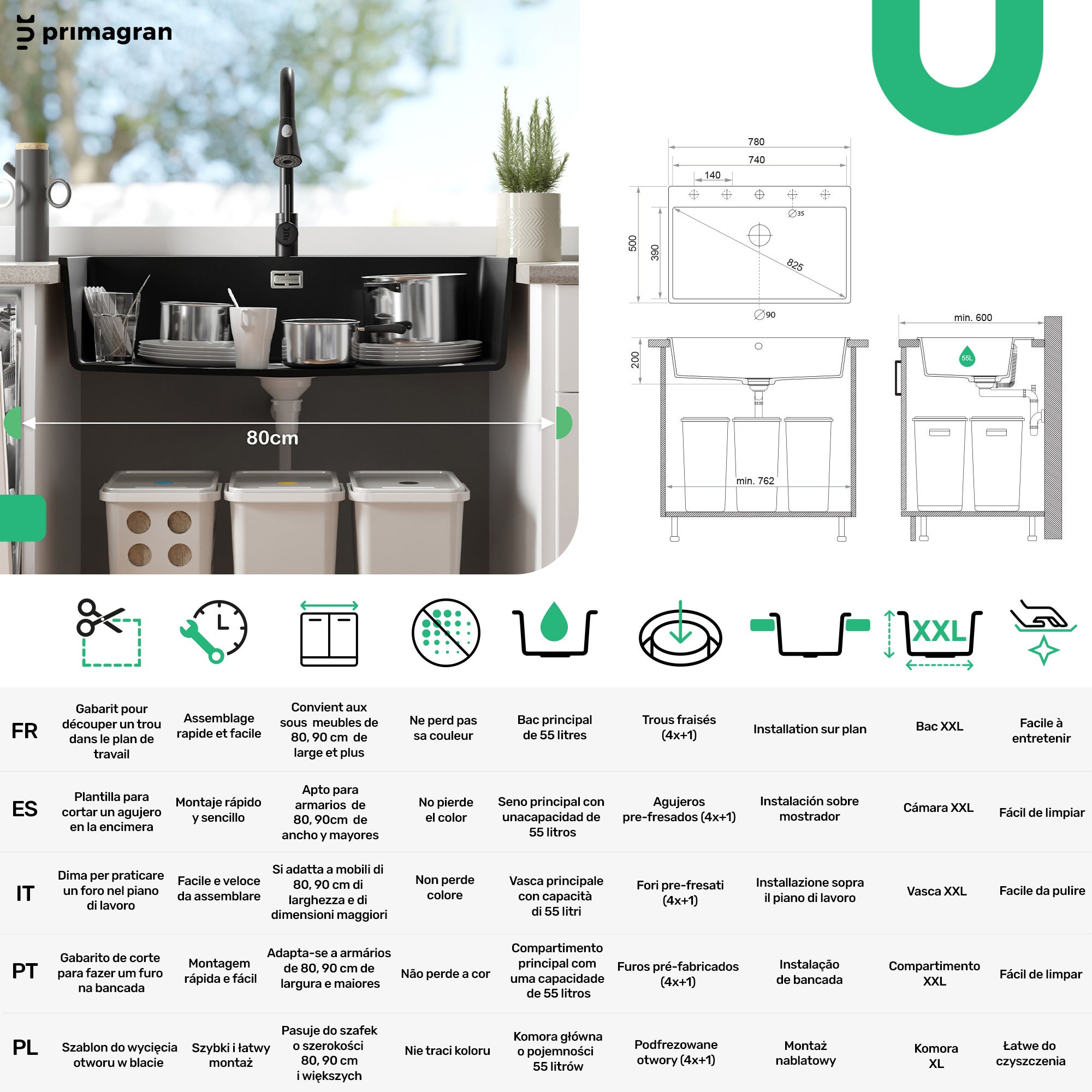 Evier Cuisine en Granit Beige 78x50cm, Lavabo 1 bac + Kit de Vidage, Évier à Encastrer au meuble 80cm - Riga PRIMAGRAN - 5