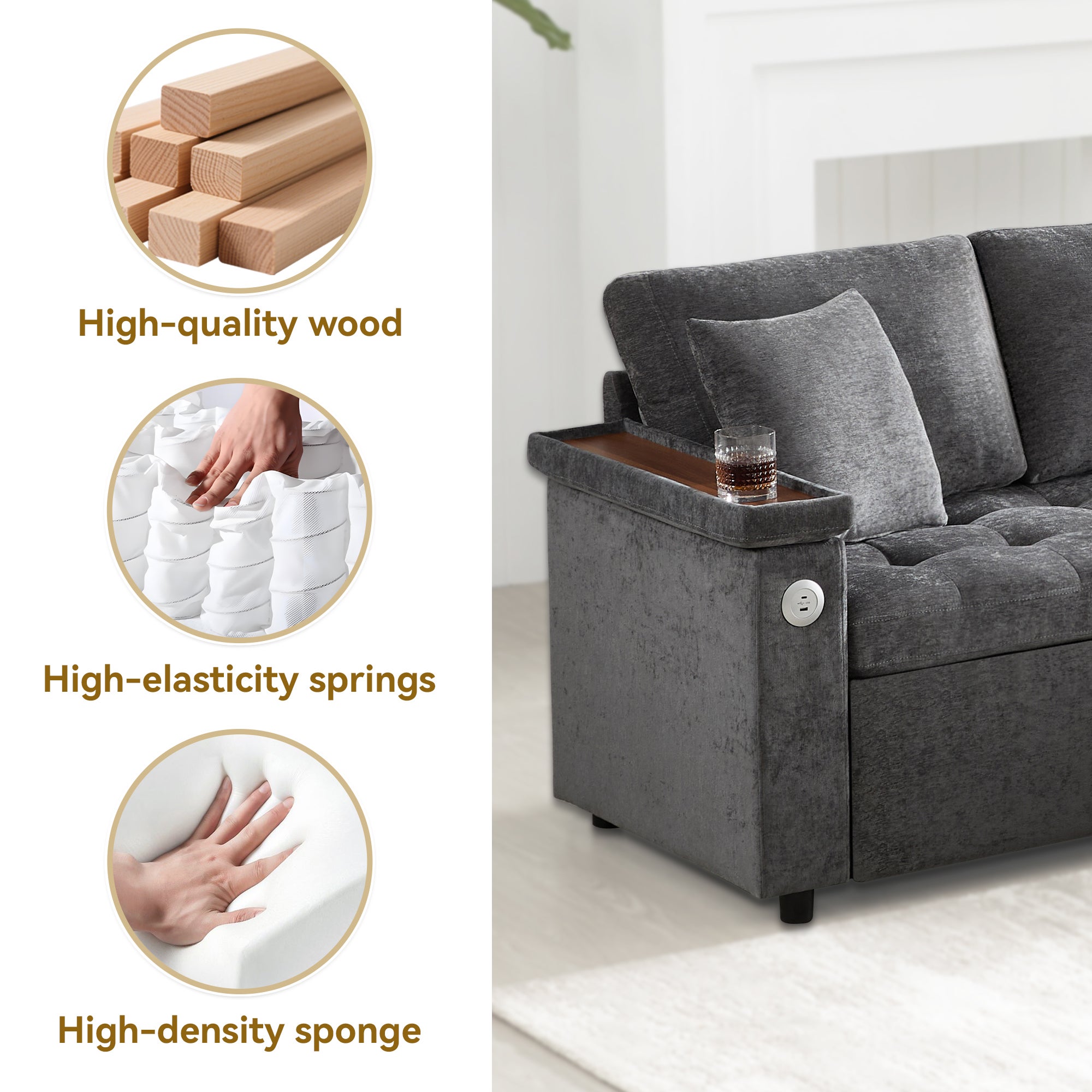 Sofa w kształcie litery L z wysuwanym łóżkiem - ze schowkiem - ładowanie USB - 2 poduszki - szara - 5