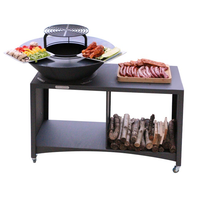 ISLAND Brasero îlot avec plaque et grille amovible en acier barbecue plancha extérieur Ø 75 cm