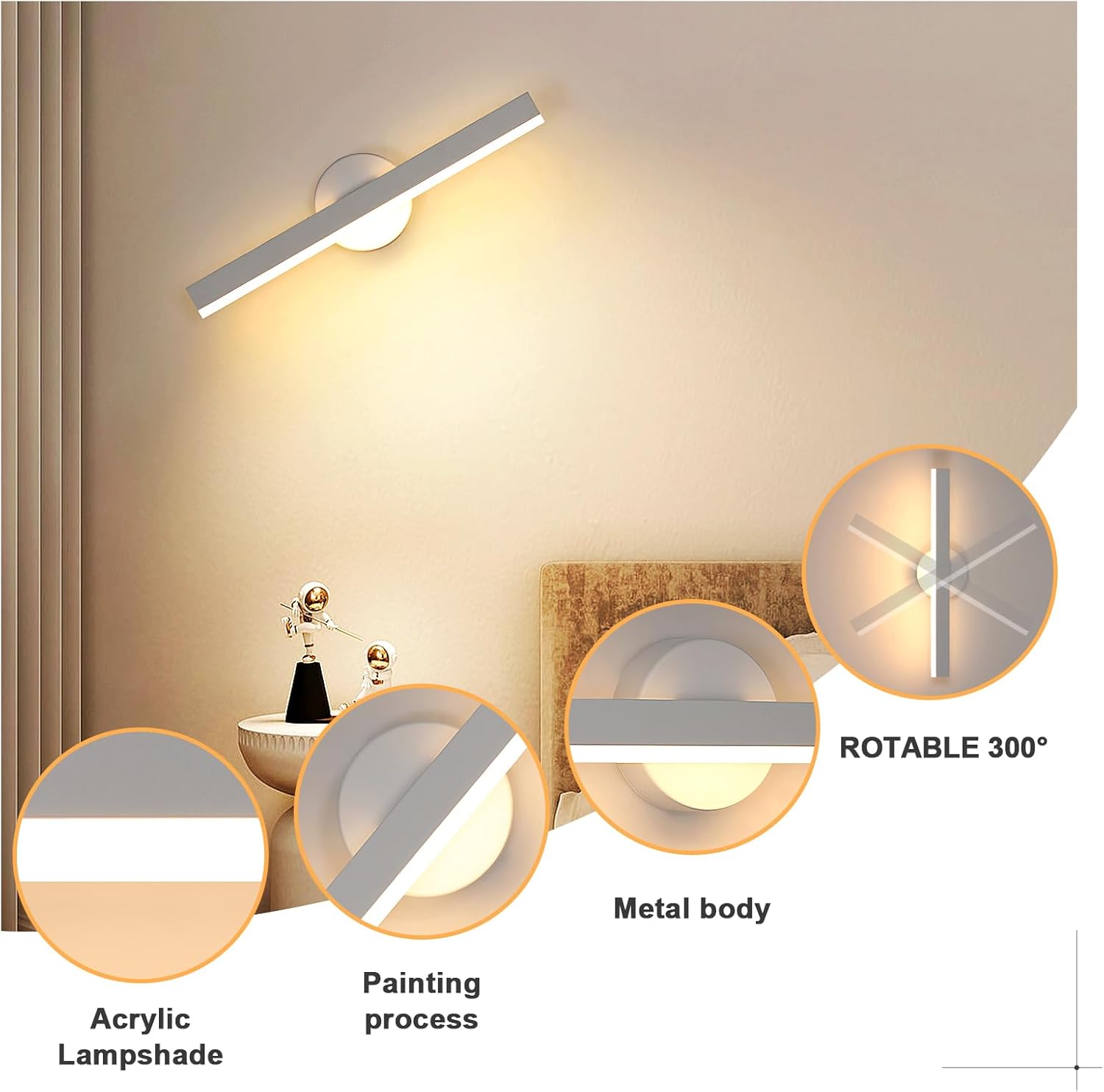 COMELY Applique Murale LED Intérieure 12W 1350 lm, Luminaire Mural Linéaire Orientable 300° 3000K Blanc pour Salon et Couloir - 4
