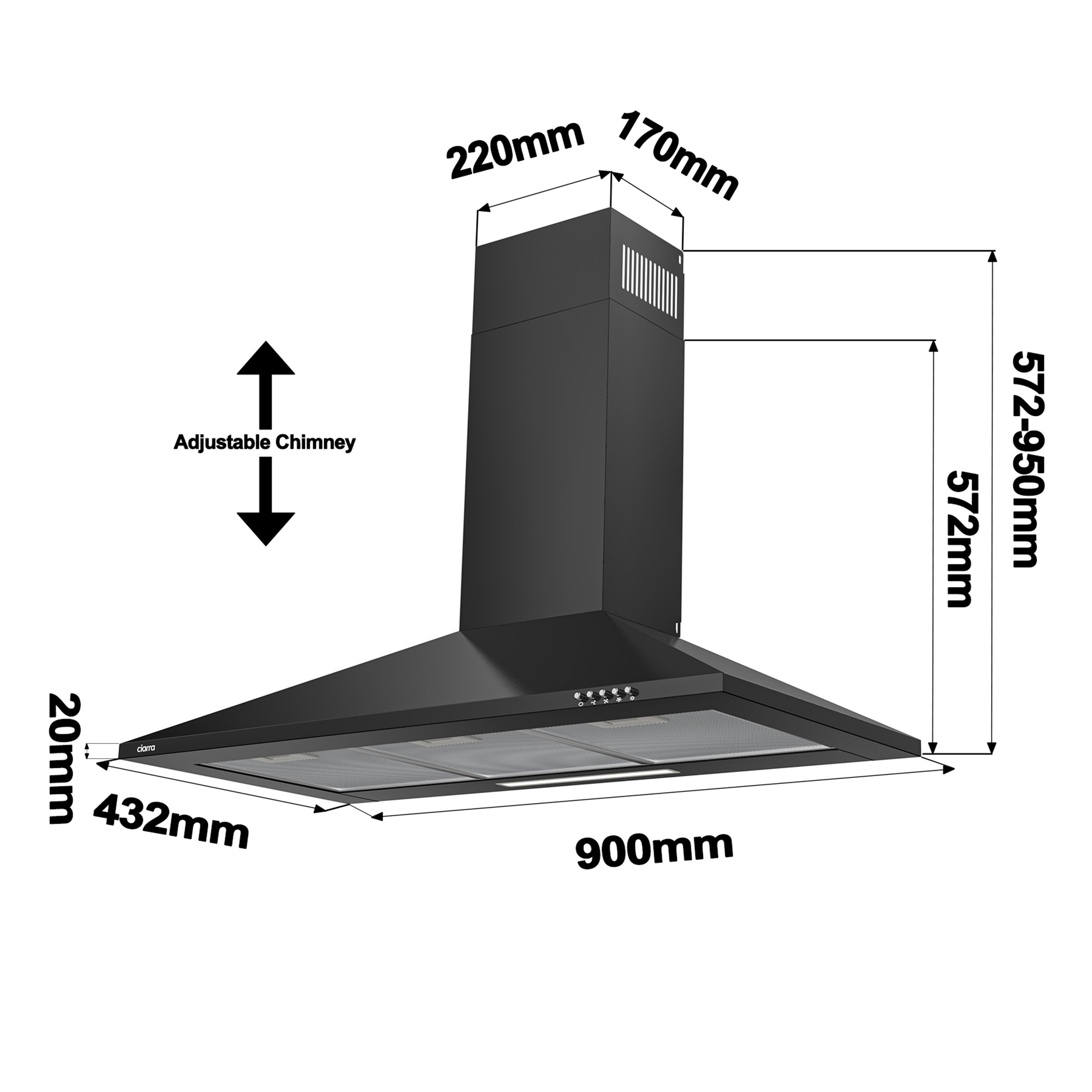 CIARRA Hotte Décorative 90cm 370 m3/h Classe A++ 3 Vitesses Recyclage Ou Evacuation Noir 201BK90 - 5
