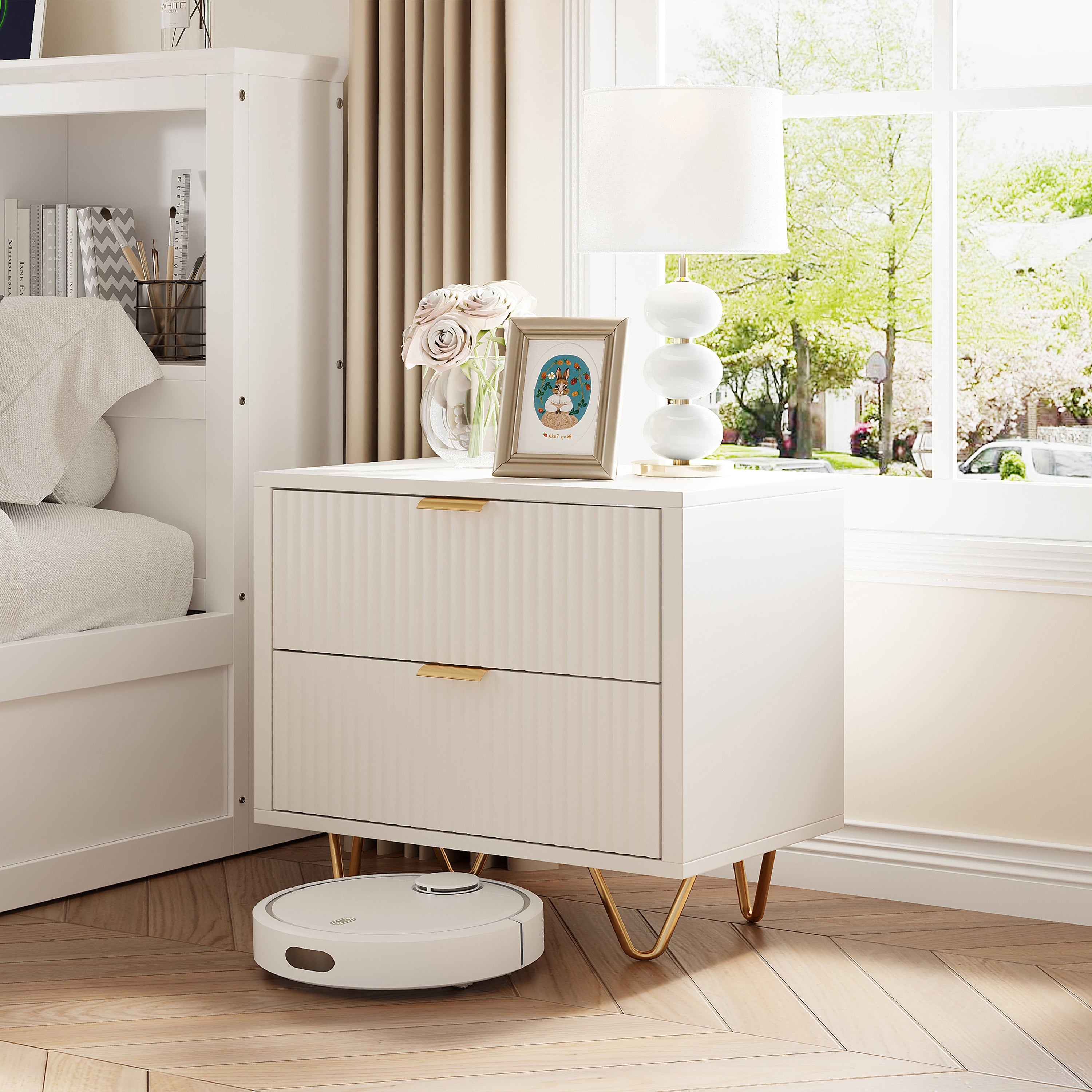 Lot de 2 tables de chevet, 2 tiroirs, façade ondulée, poignées en métal, pieds en acier inoxydable - L.40 x P.40 x H.55 cm - style scandinave - blanc - 2