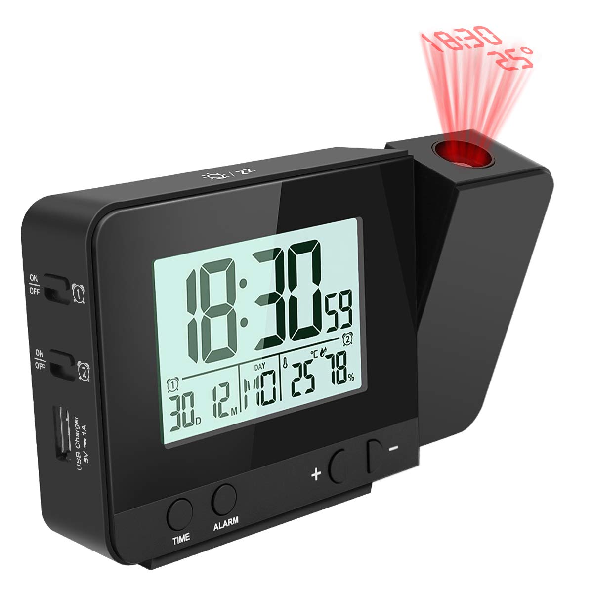 Horloge Projecteur LED - Réveil à Projection 180° Avec Luminosité Réglable, Idéal Chambre à Coucher