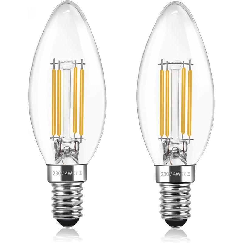 Zestaw 2 żarówek LED z żarnikiem C35 E14 4W, żarówka vintage E14, odpowiednik żarówki halogenowej 40W, 400 lm, ciepła biel 2700 K, prąd zmienny 2