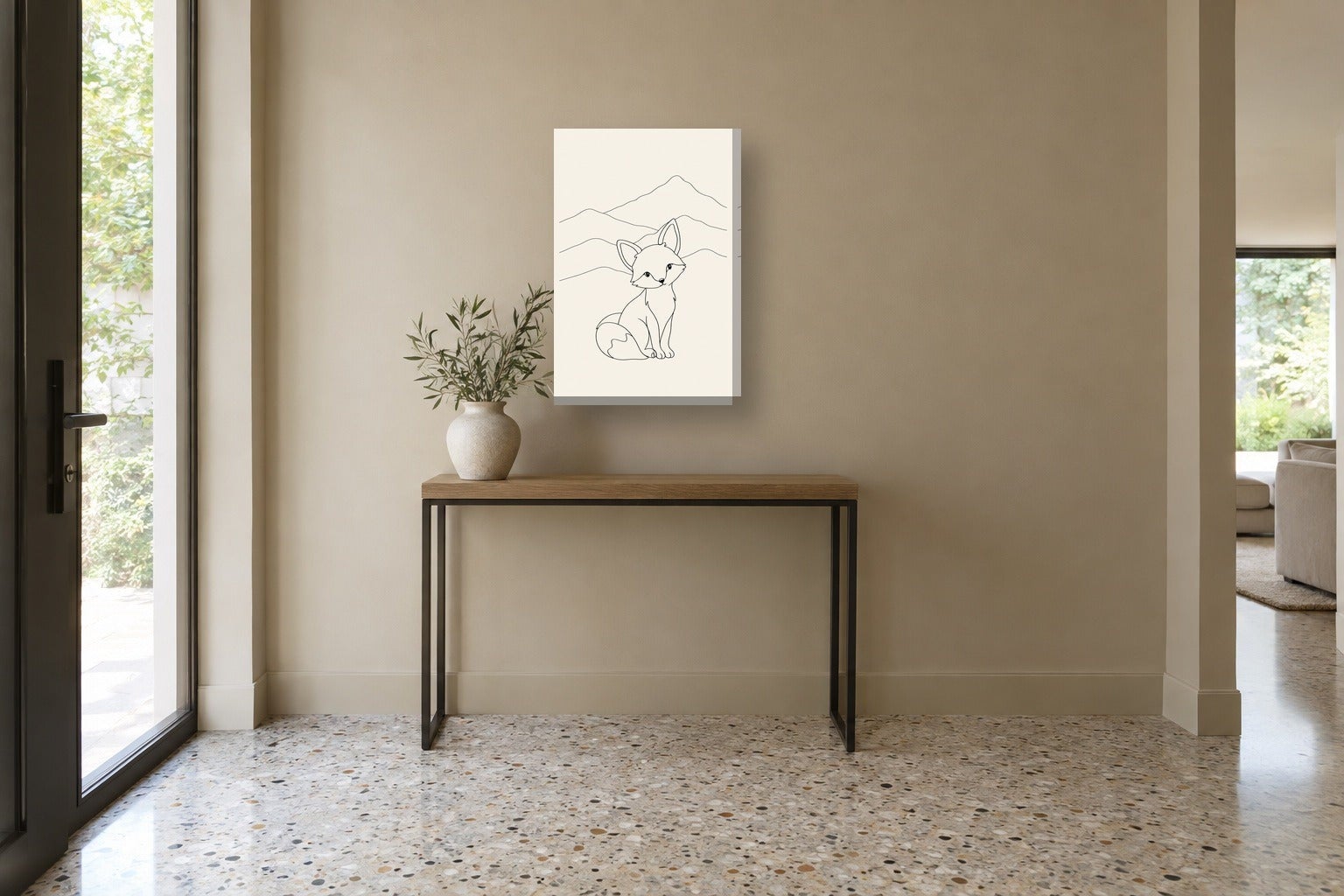 Quadri bambini «Montagne e volpe, line art» in poster con cornice nera ...