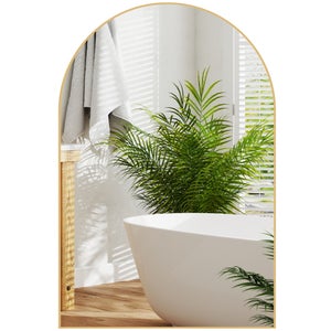 Miroir Mural Salle De Bain 91x61 Cm - Cadre Arqué Aluminium Doré, Verre Trempé Sécurité, Montage Facile