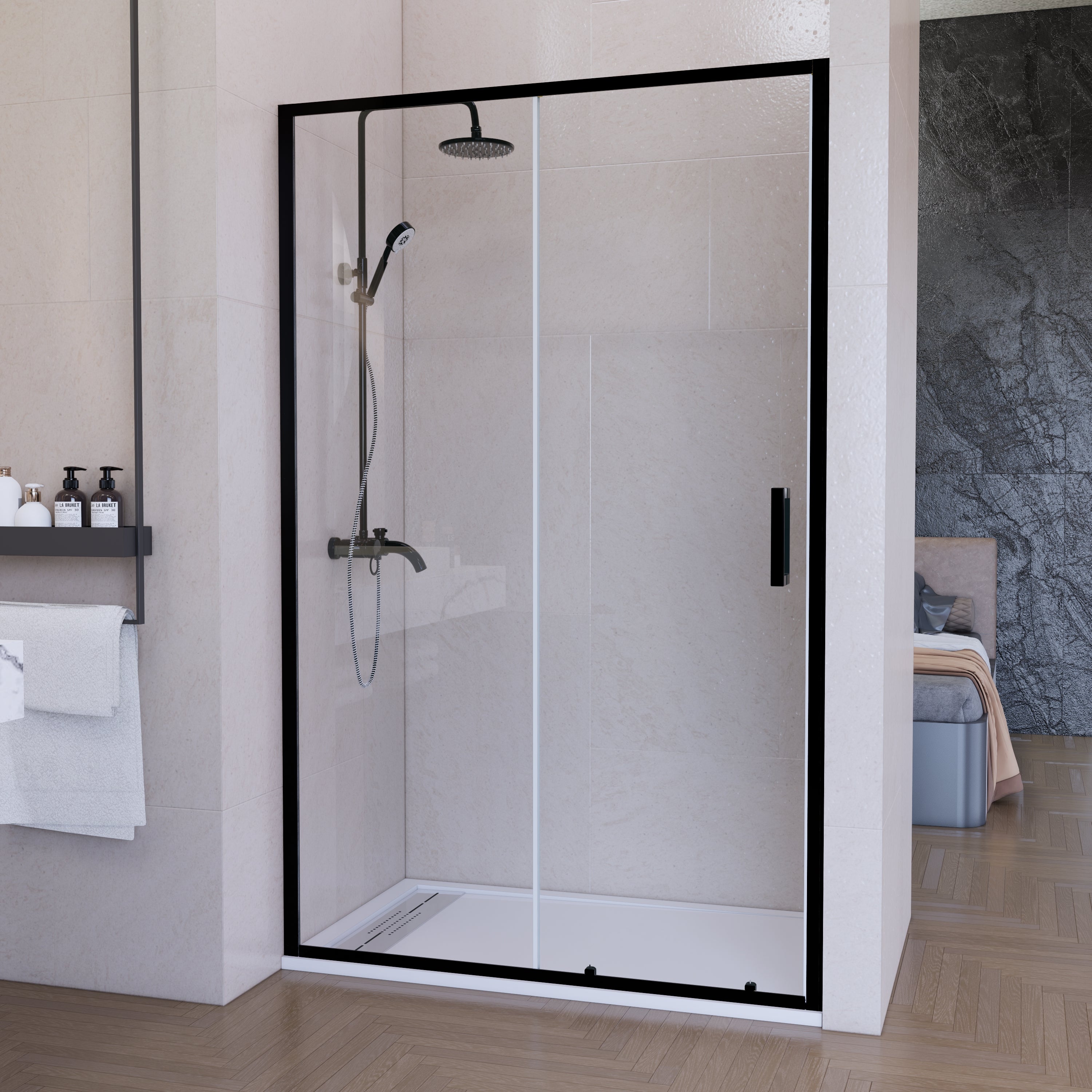 Porte de douche coulissante Noir 120x185cm - Extensible de 112.5 à 126.5 cm - BLACK SLIDE 120