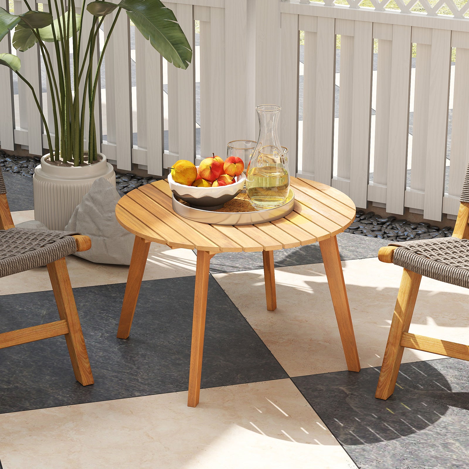 Table Basse Jardin en Bois d'Acacia, Table d'Appoint Ronde avec Plateau à Lattes&Structure Renforcée X, Montage Simple, Charge 75kg, 62x62x40cm - 7