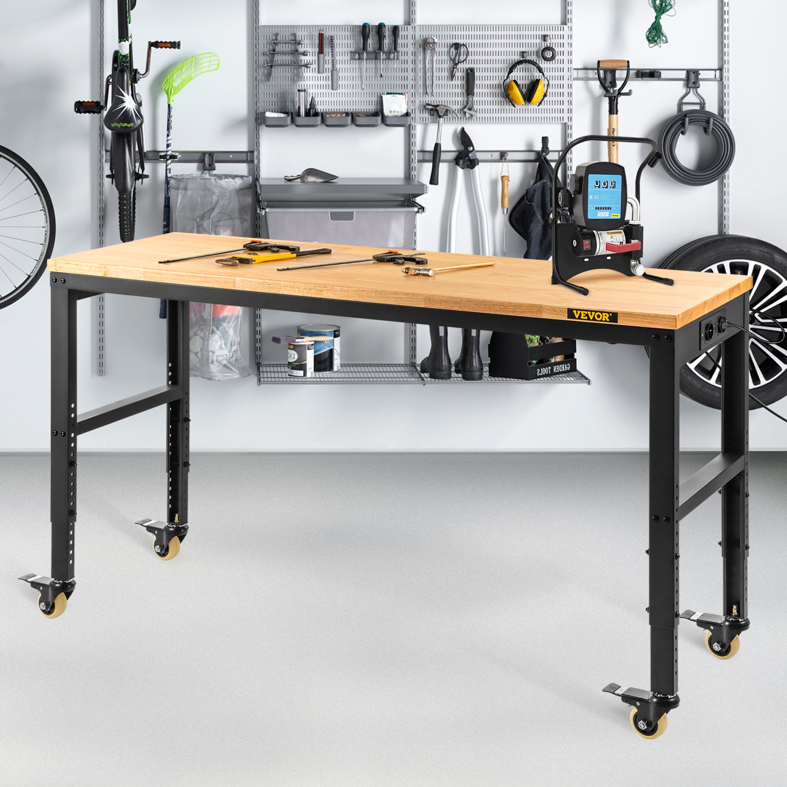 Etabli Garage Atelier Table VEVOR de Travail 155x51x105 cm Hauteur Reglable 80-105 cm, Etabli Plateau en Bois Chene Cadre en Acier, Etabli Multifoncti - 8
