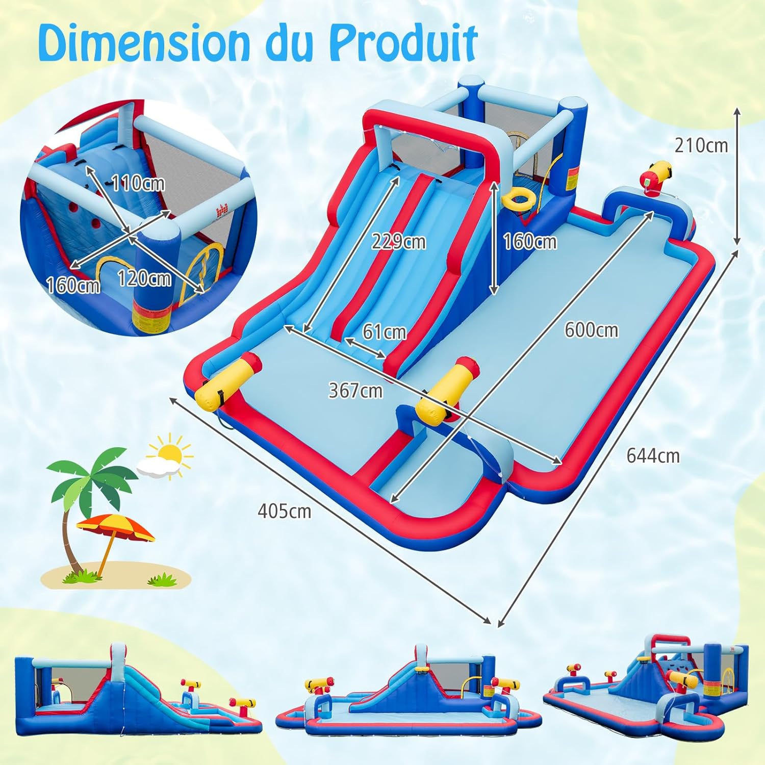 Estrutura insuflável 9 em 1 com escorregas aquáticos duplos e piscina, parque infantil insuflável com zona de saltos e 3 canhões de água, capa - 5
