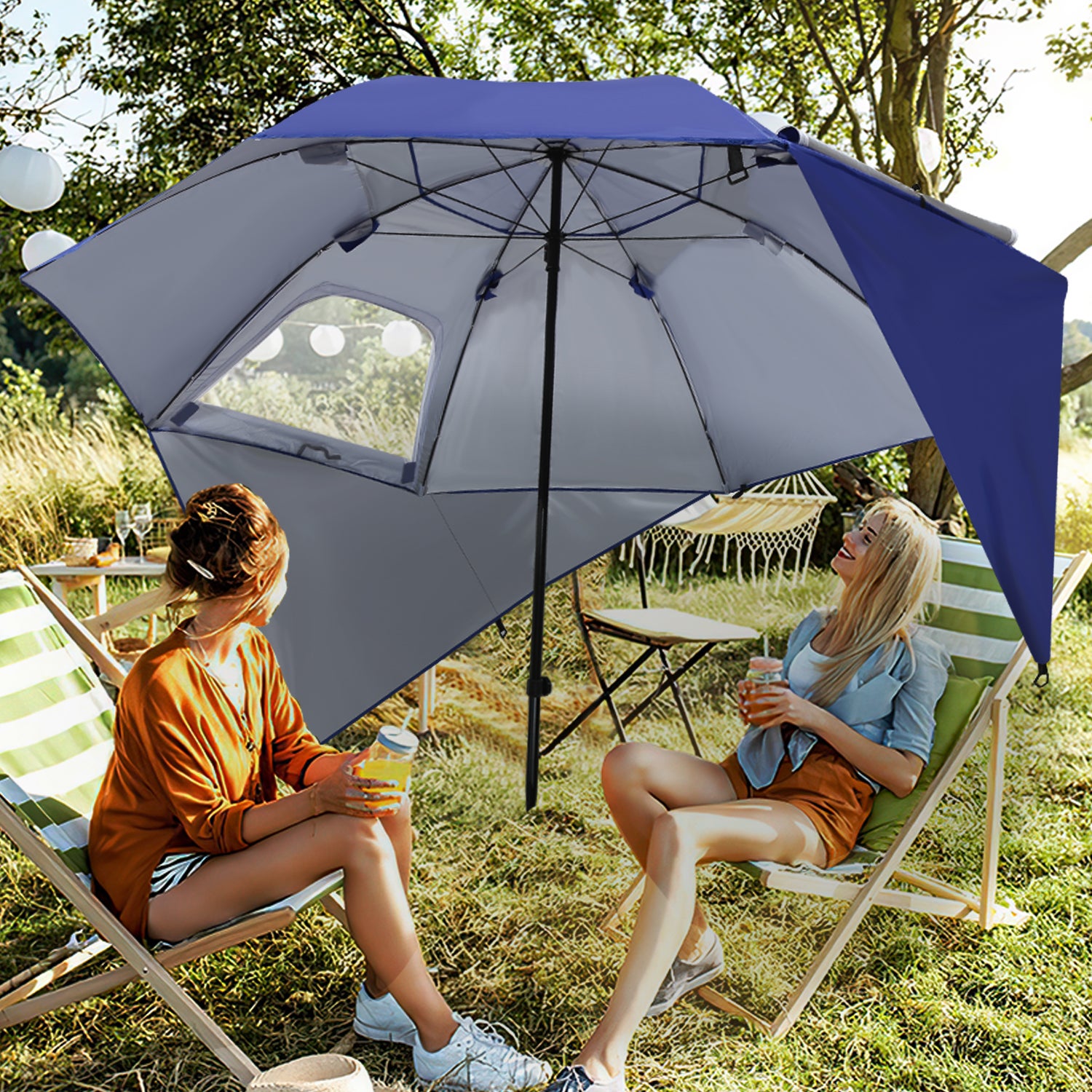 Parasol de plage bleu octogonal, L.210 x l.210 cm anti-vent protection UV 50+ avec Sac de Transport pour Patio/Piscine/Jardin - 6