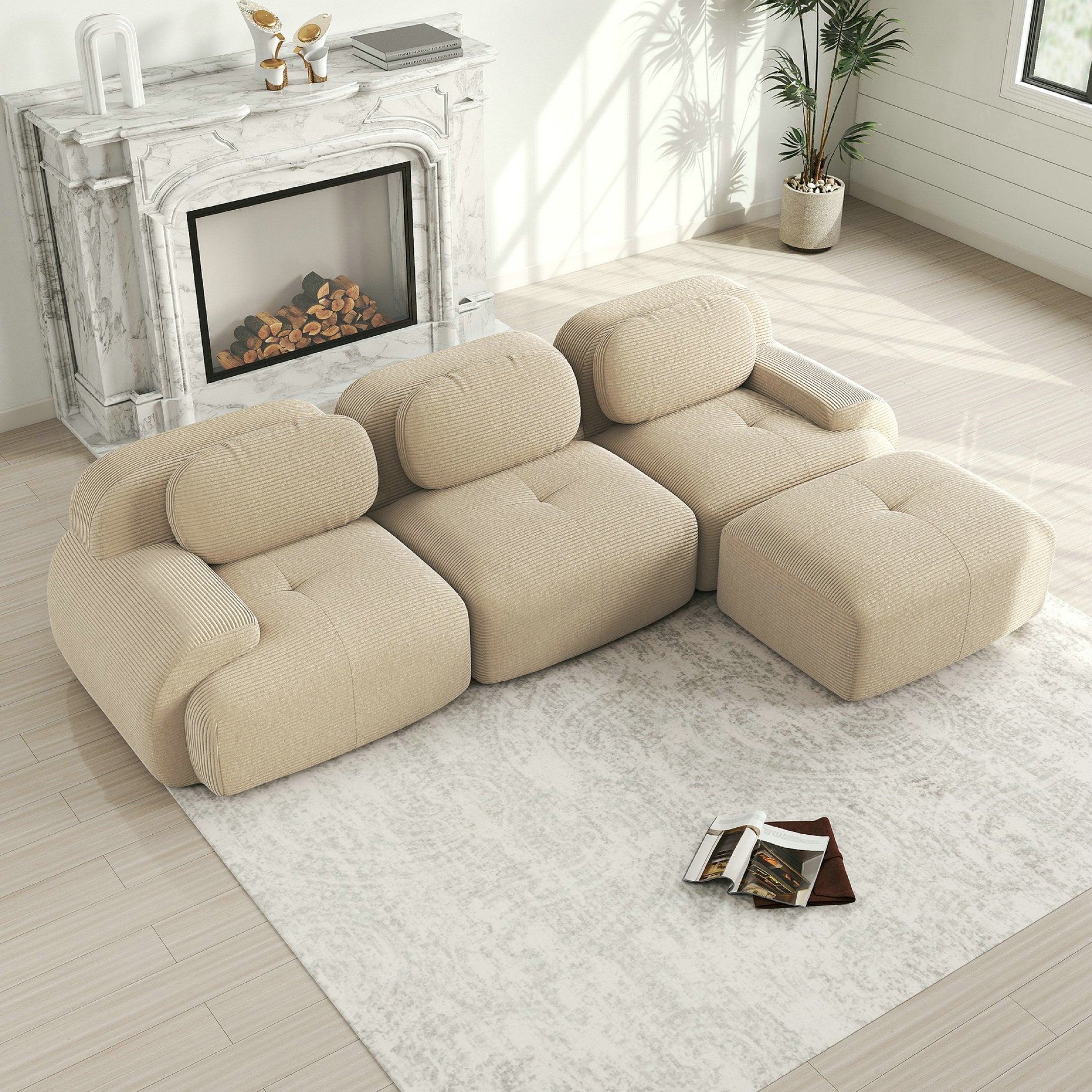 Canapé d\'angle modulable 3 places, antidérapant et adapté aux animaux, pieds élargis – tissu velours côtelé respirant – beige - 3