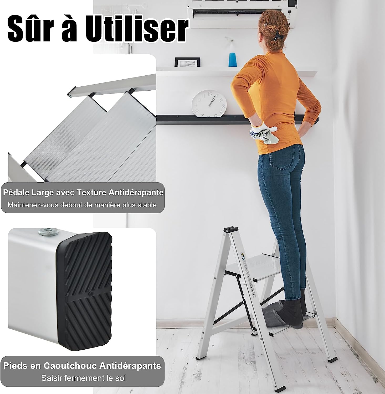 Marchepied Pliable 2 Marches en Aluminium, Charge 150KG (49 x 44 x 66 cm) - 3