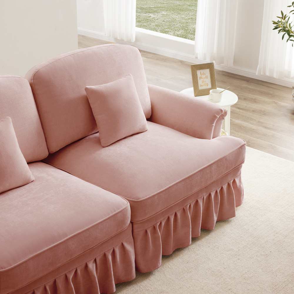Divano modulare 3 posti a forma di L in chenille con braccioli a tromba, gonna arricciata removibile, gambe sottili e pouf mobile - 8
