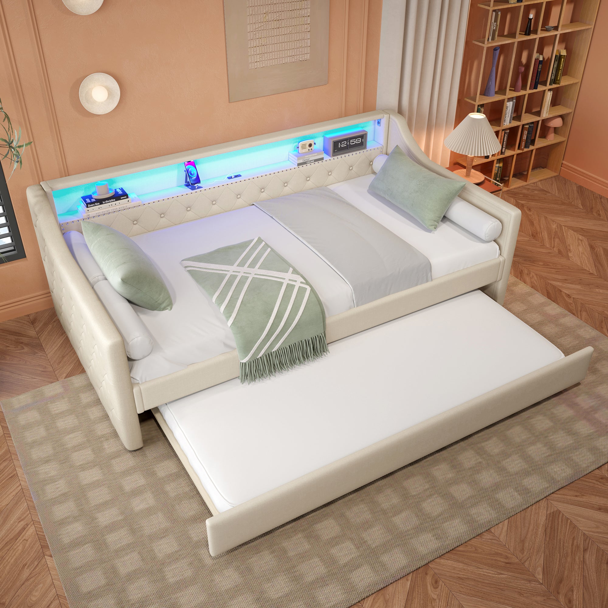 Sofa rozkładana 90 x 200 cm - z oświetleniem LED - z wysuwanym łóżkiem - z USB - pościel - z podstawą - kolor beżowy - 2