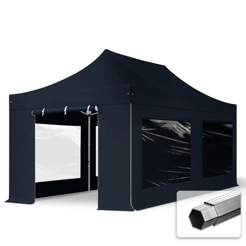 3x6m gazebo pieghevole PVC ignifugo con 4 laterali (finestre panoramiche), PROFESSIONAL alluminio, nero